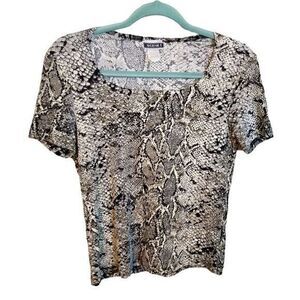 Scene 1 Womens Sz S Black Brown Animal Print Short Sleeve Cropped Shirt